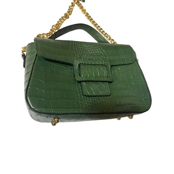 Vera Pelle Green Croc-Embossed Genuine Leather Handbag With Top Handle & Gold Ch